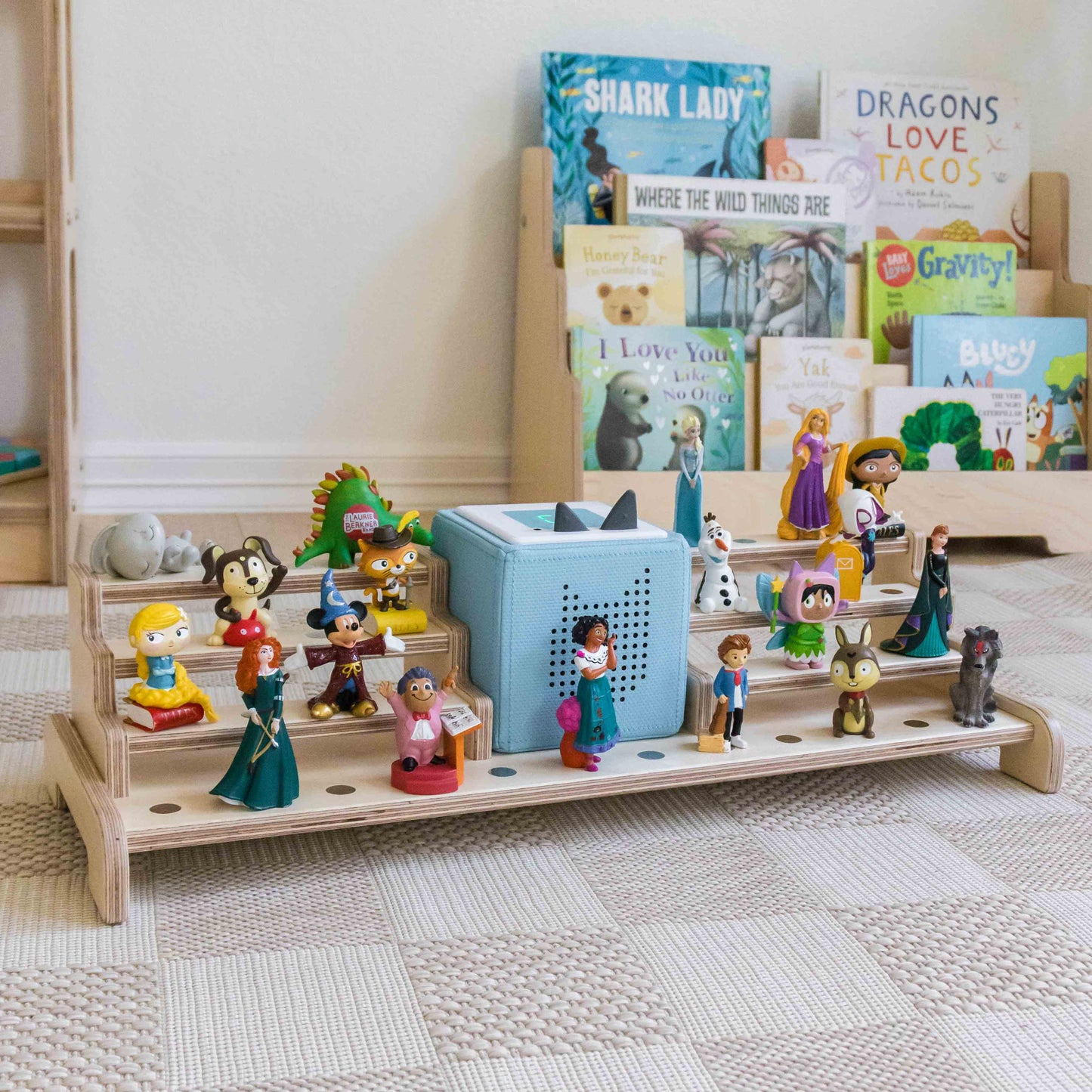 Large wooden Tonie display designed to hold 36 Tonies.