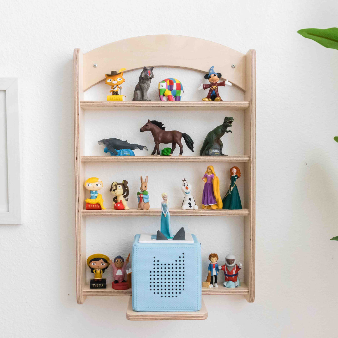 Front view of a natural wooden shelf made and designed for the display of tonies and a tonie box.