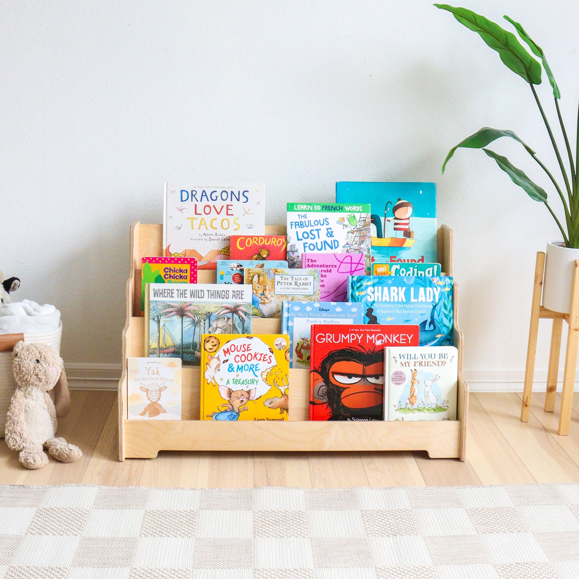 Children's books on a wooden bookshelf with a plant and teddy bear in the background