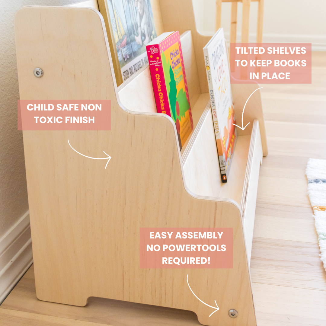 Kids floor bookshelf shoing the waterbase applied finish and high quality wood. 
