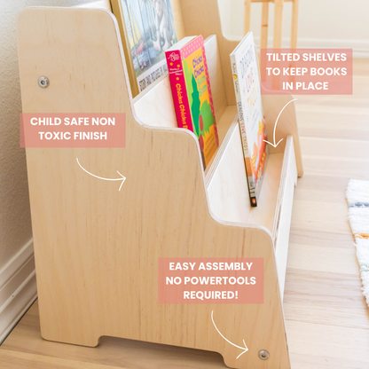 Kids floor bookshelf shoing the waterbase applied finish and high quality wood. 
