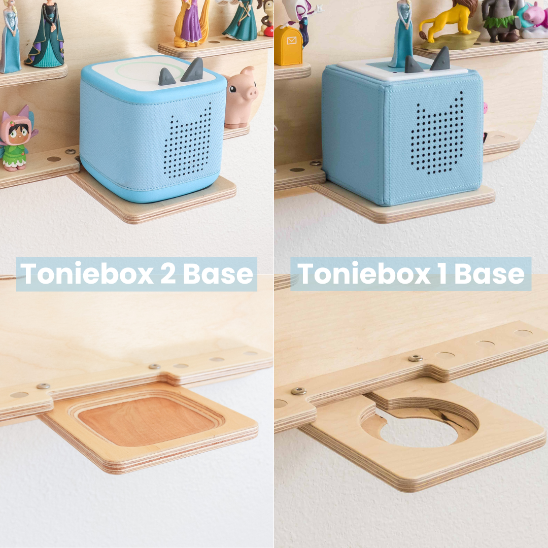 Comparison of Toniebox 2 Base and Toniebox 1 Base with wooden platforms.